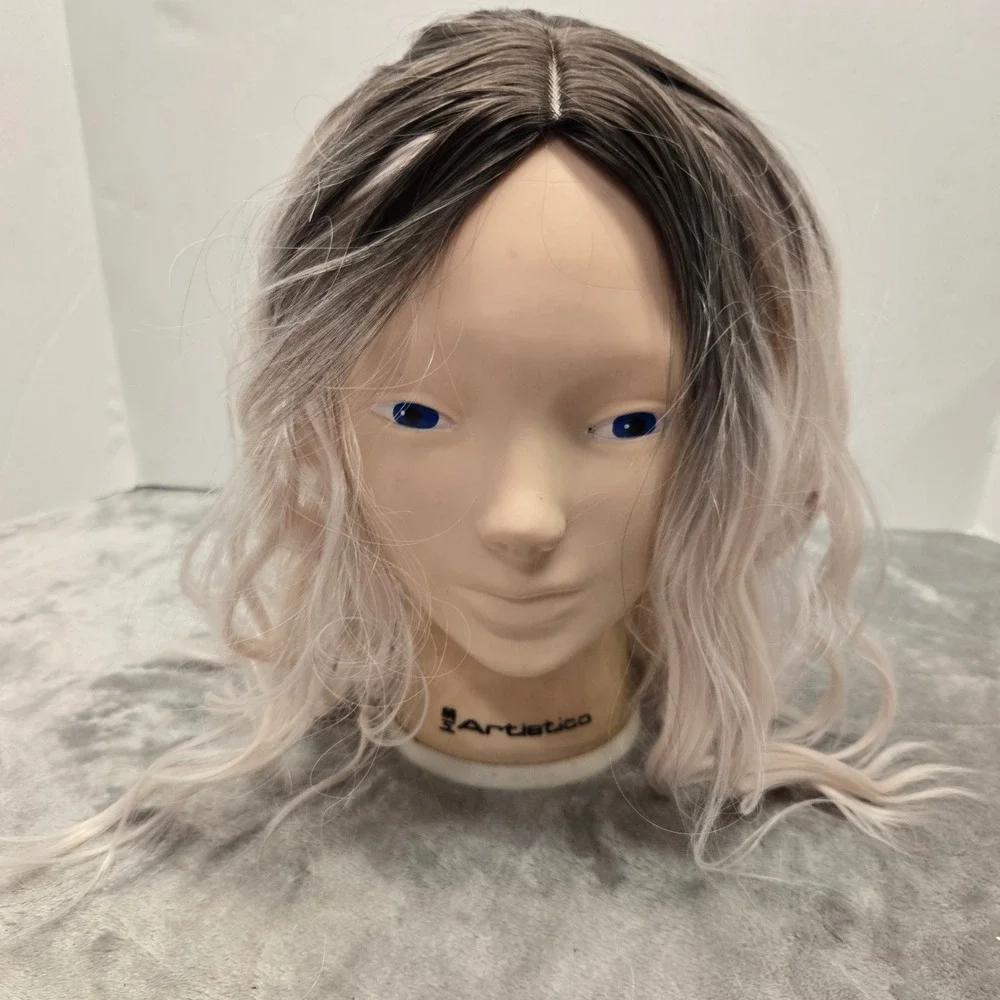 Wavy Ombre Wig Dark Brown Roots to Platinum Blonde Silver Shoulder Length‎ Hair